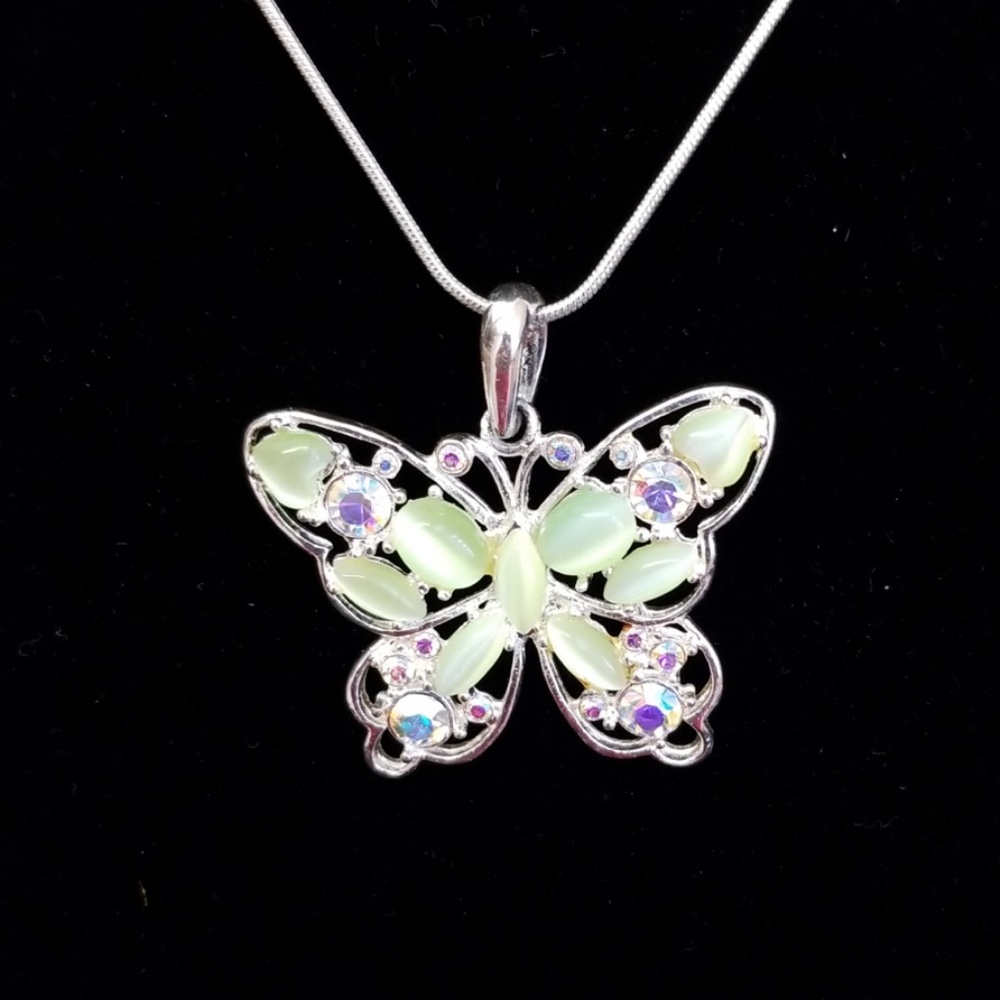 Light Green and Silver Crystal Butterfly Necklace